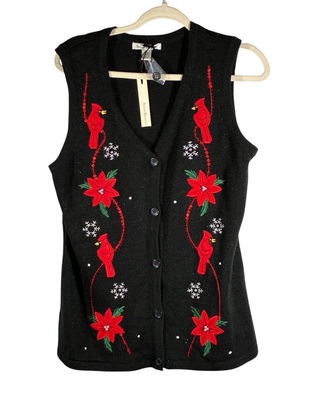 Susan Bristol Christmas Sweater Vest L Red Cardinals Poinsettias Black Knit New